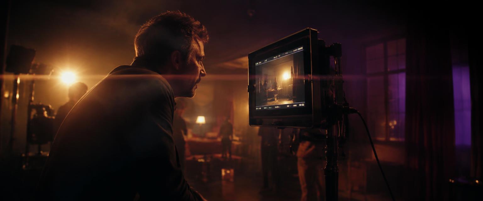 A director studies a monitor on a hazy, gold-lit film set