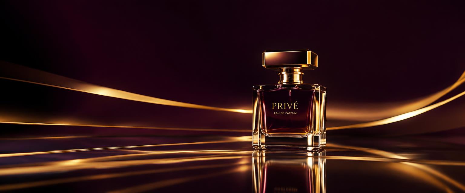 A perfume bottle on a reflective surface with streaks of gold light